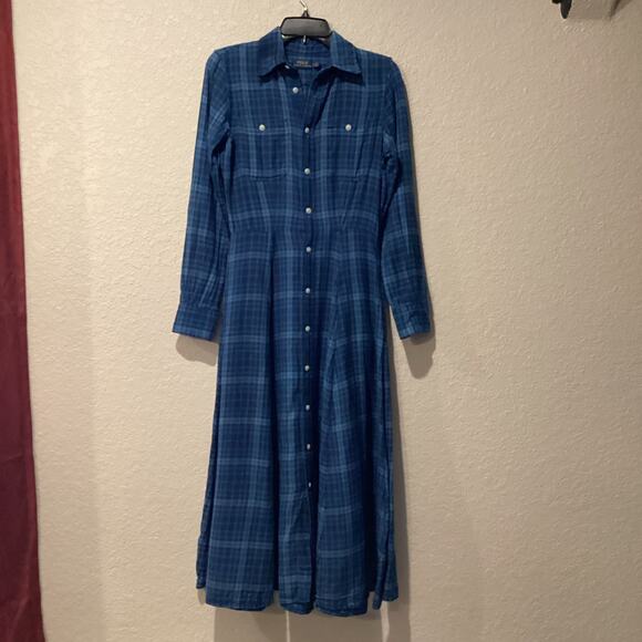 Polo Ralph Lauren Blue Plaid 100% Cotton Maxi Shirt Dress S Western Quiet Luxury - Picture 2 of 12